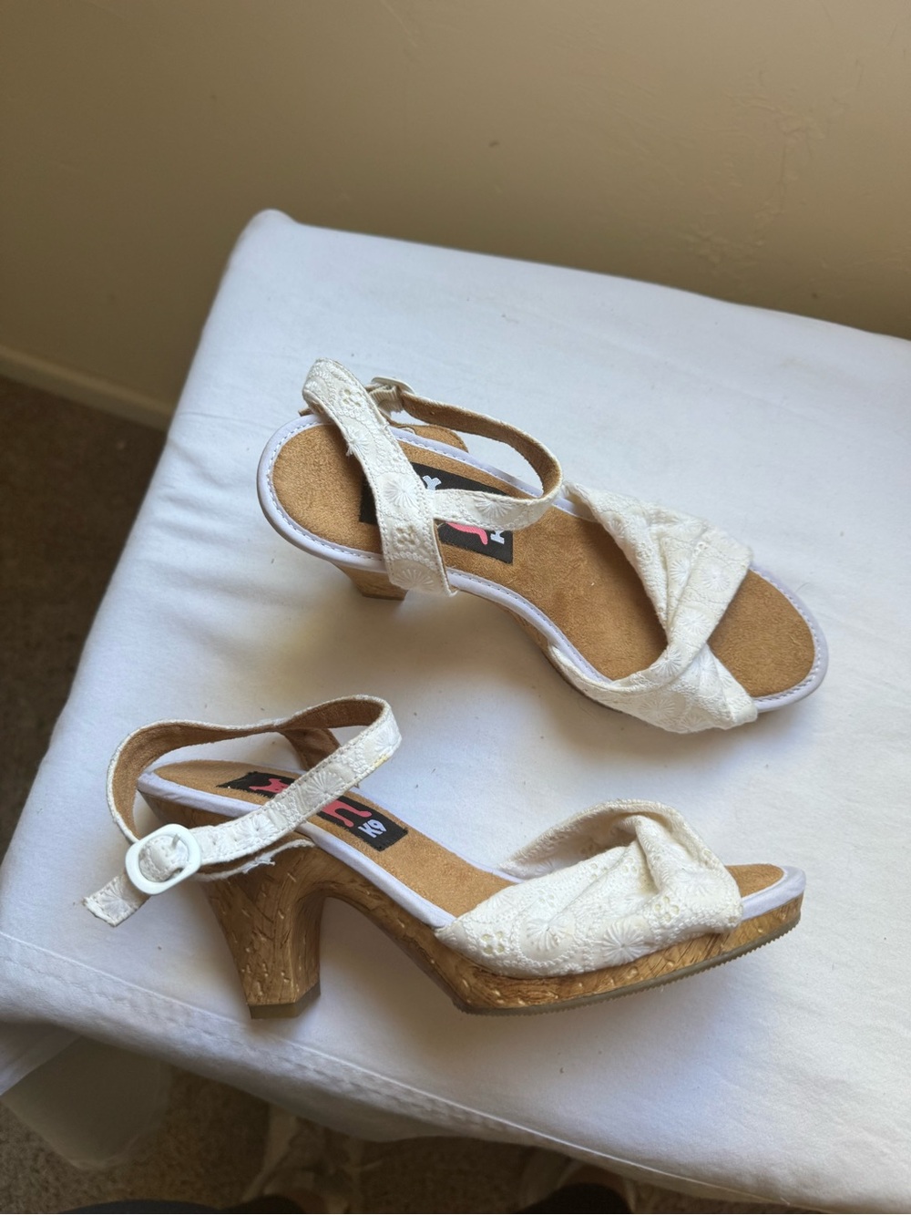 Vintage Y2K White Embroidered Cork Heel Sandals  Boho Cottagecore Summer Heels 7